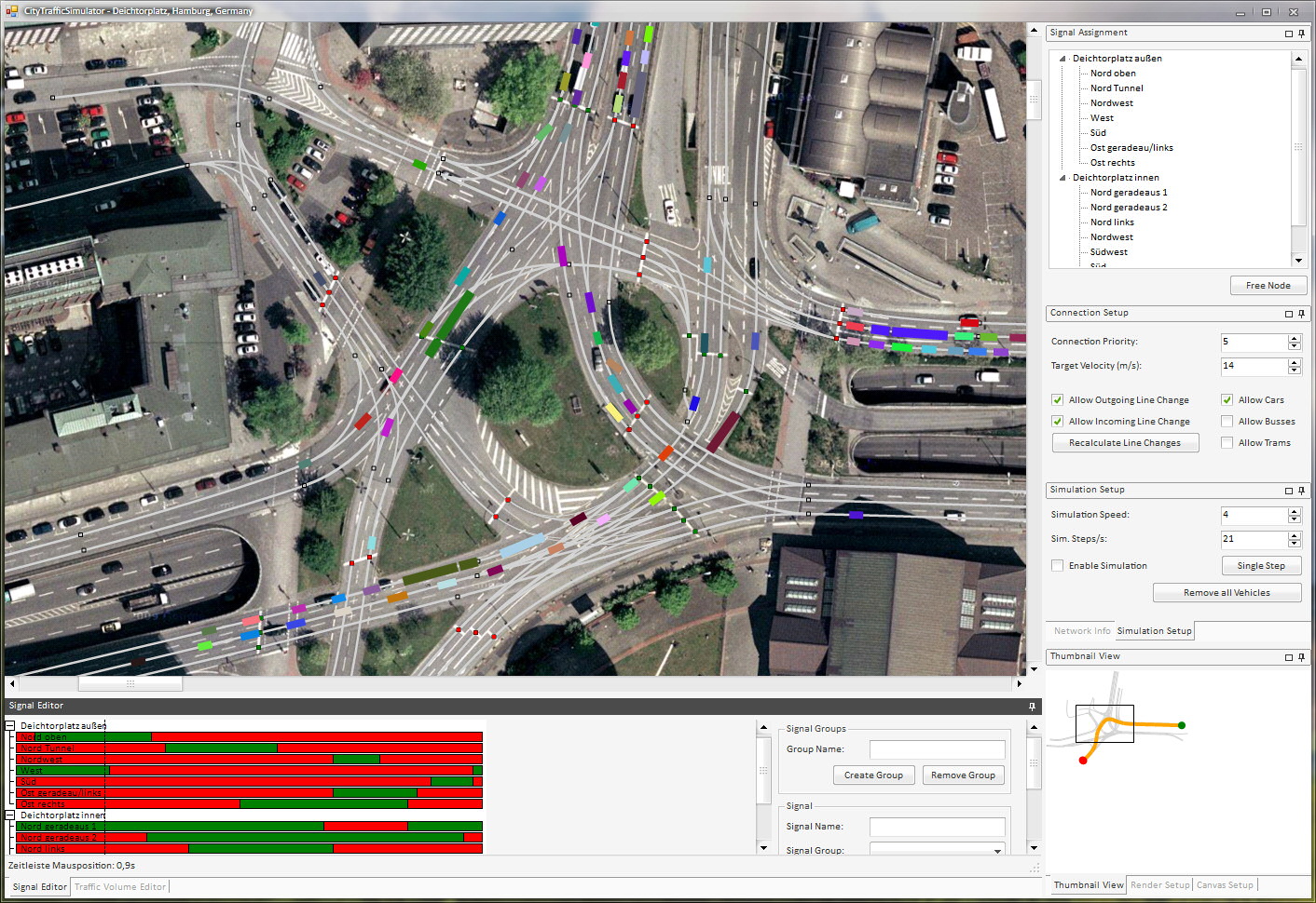 CityTrafficSimulator modeling a large intersection in downtown Hamburg.